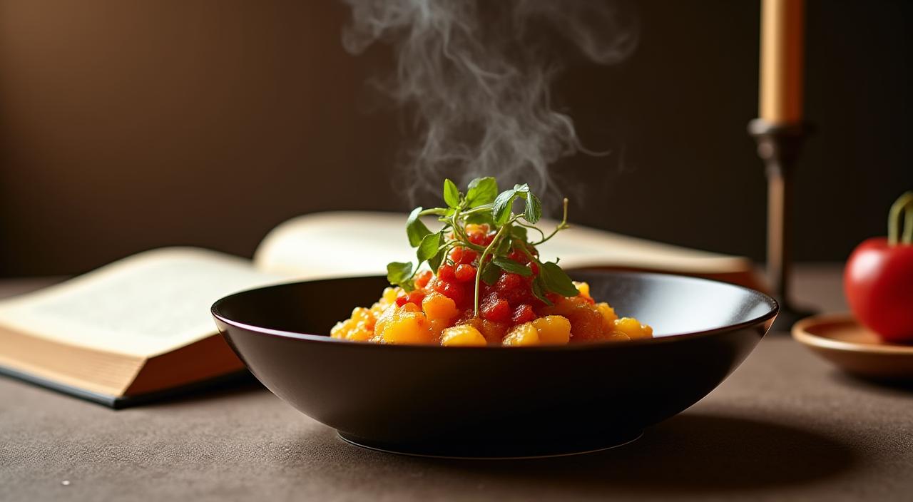 Un somptueux plat gastronomique joliment dressé sur une table élégante avec un livre de cuisine ouvert à côté.
