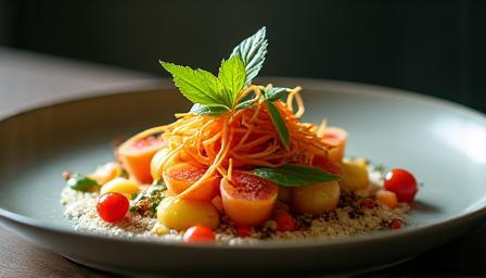 Plat de cuisine moderne et stylé présentant un mélange de textures et de couleurs vives.