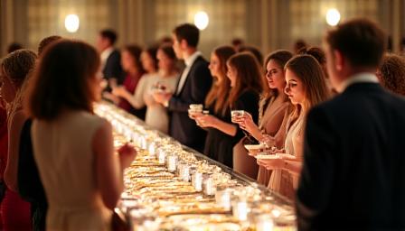 Scène d'un événement de dégustation avec des convives appréciant des mets délicats et des boissons.