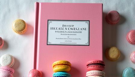 Couverture d'un livre de pâtisserie élégant avec des macarons colorés en vedette.