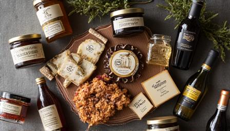 Assortiment de produits gourmands artisanaux emballés avec élégance, prêts à être dégustés.