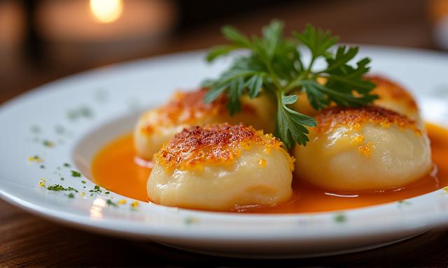 Plat traditionnel lyonnais, quenelles de brochet, dressé sur une assiette.