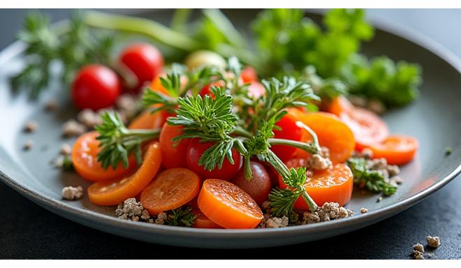 Assiette colorée de plats végétaliens gastronomiques.