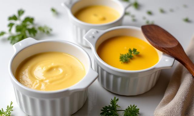 Une sélection de sauces françaises classiques dans des ramequins décoratifs.