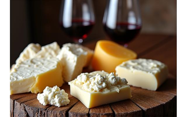 Sélection élégante de fromages français et de verres de vin sur une table en bois.