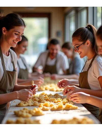 Participants souriants dans un atelier de cuisine préparant des pâtes fraîches.