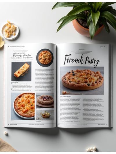 Maquette d'un magazine culinaire avec des articles sur la pâtisserie française.