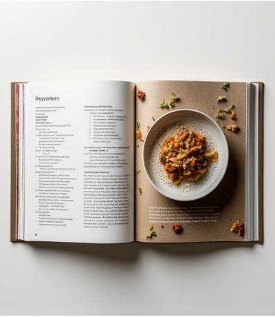 Double page ouverte d'un livre de recettes, montrant une recette et une photo de plat joliment mise en page.