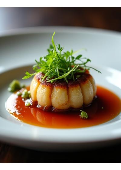 Plat gourmet dressé avec précision et élégance, sauce riche et garniture fraîche.