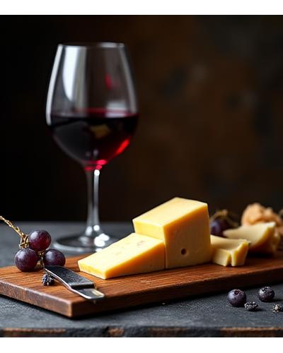 Un verre de vin rouge et un plateau de fromages français sur un fond sombre.