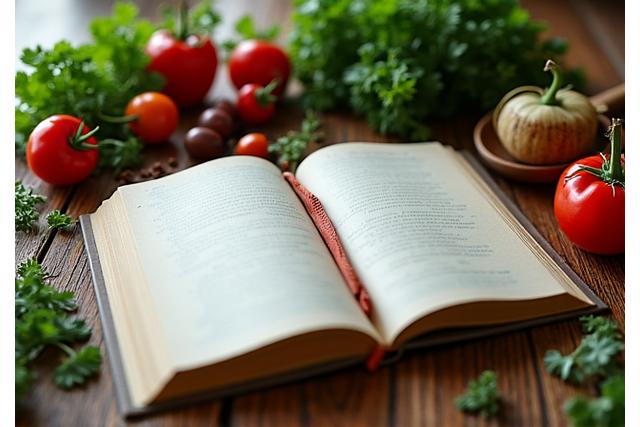 Illustration d'un livre de cuisine ouvert avec des ingrédients frais