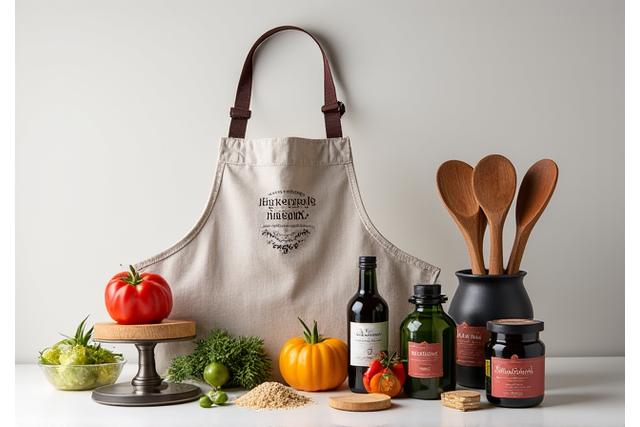 Assortiment de produits dérivés culinaires avec logo: tablier, ustensiles, et condiments raffinés